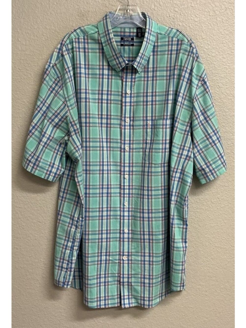 IZOD Mens Plaid Short Sleeve Button Down Shirt Size 2XLT Non Iron Stretch
